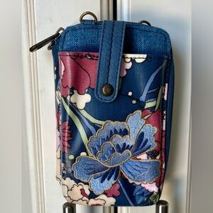 Sakroots Floral Wallet in Blue and Pink with embroidered flower on front